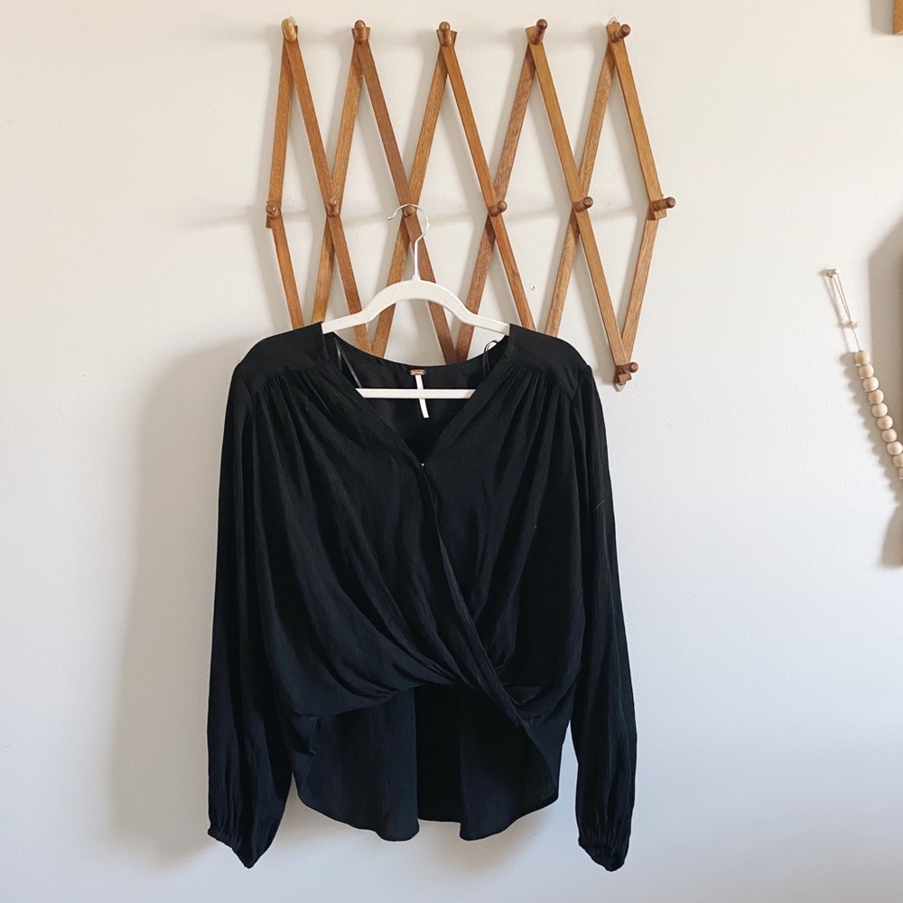 Free People Black Check On It Surplice V-Neck Wrap Top